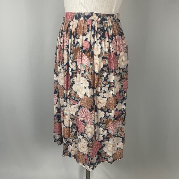 Vintage Midi Skirt Size 8 Pink Cream Floral Print Pleated A Line Cottagecore 90s - Picture 6 of 11